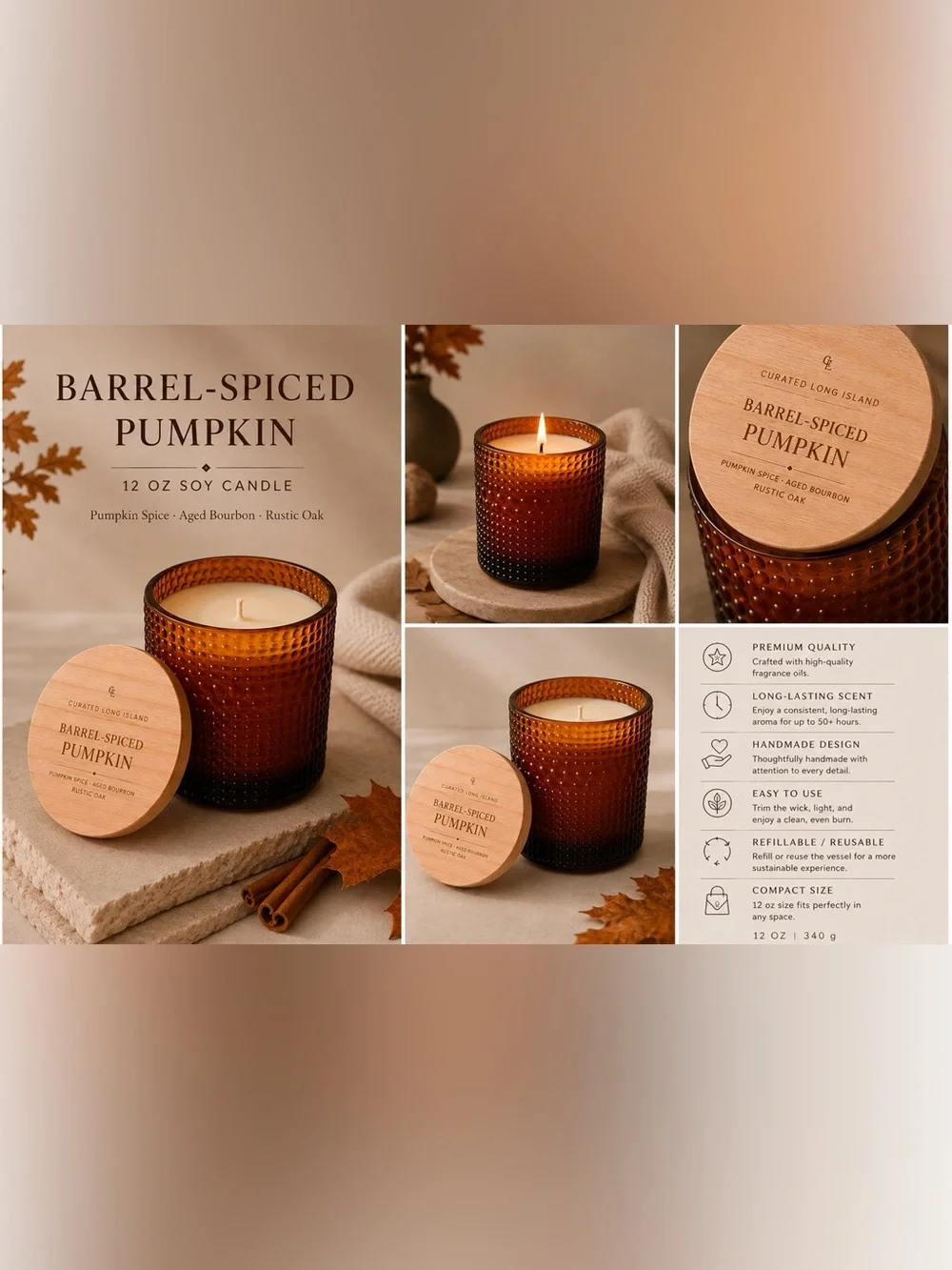 Barrel-Spiced Pumpkin Soy Candle | 12 oz Amber Glass Bourbon Oak Scent